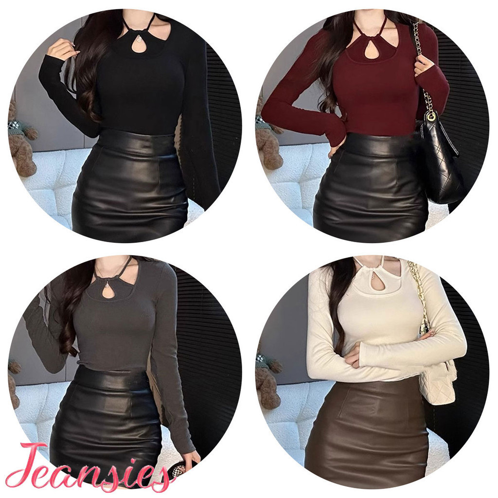 [4 สีสุดฮอต] เสื้อครอปแขนยาว ดีเทลสายผูกคล้องคอ เซ็กซี่ เก๋ๆไม่ซ้ำใคร พร้อมส่ง