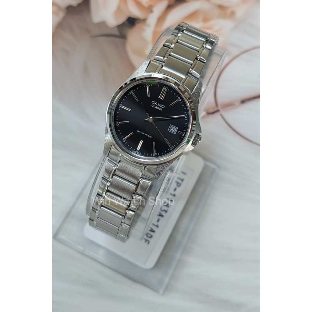 นาฬิกาสายหนัง Casio นาฬิกาข้อมือผู้หญิง รุ่น LTP-1183A-1A สายสแตนเลสสีเงิน หน้าปัด สีดำ - ของแท้ 100%