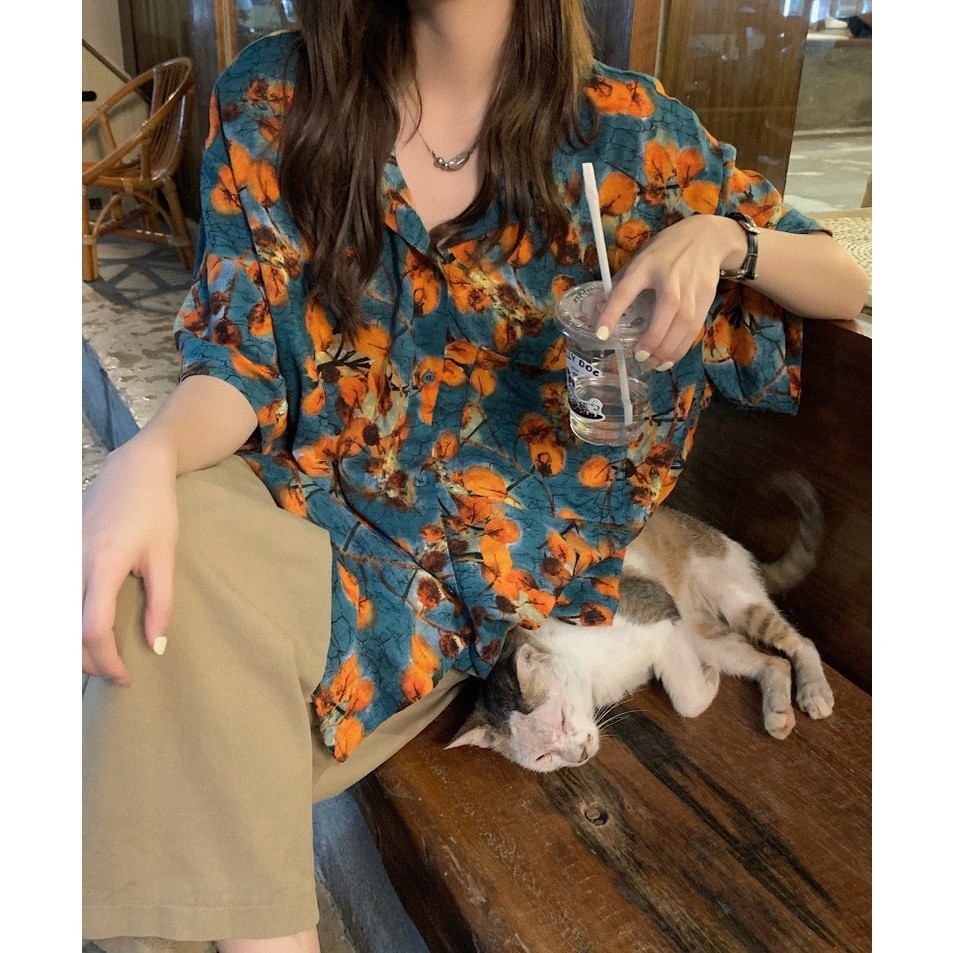 Ann.Fashion เสื้อสงกรานต์2024 ลายดอก ผ้าไหมอิตาลี เสื้อฮาวาย มีกระดุมหน้าใช้งานได้จริง เนื้อผ้าเย็น สีสวยสดใส #311
