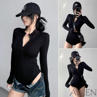 Allen-ชุดบอดี้สูทผู้หญิงแขนยาวยืนปกซิปปิด Solid Slim Fit Rom…