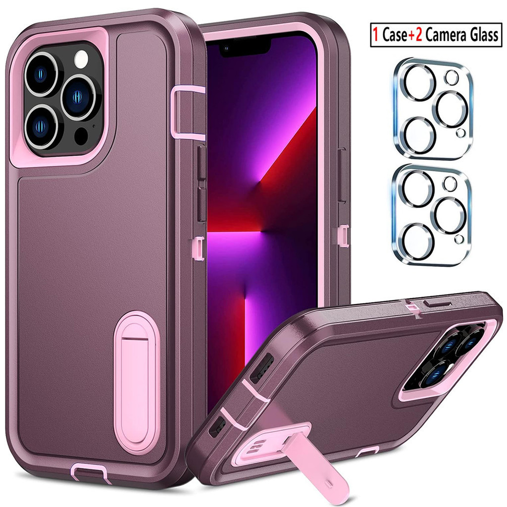 2 ชิ้นกระจกนิรภัยป้องกัน + 1 ชิ้นกันกระแทกสําหรับ iPhone 16 15 14 Plus 13 Mini 12 11 Pro Max เคสโทรศัพท์ w/ขาตั้ง Heavy Duty ป้องกันป้องกันฝุ่นพอร์ตลื่น