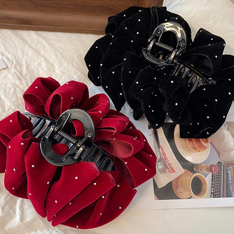 2024 กิ๊บติดผมโบว์สีดํากํามะหยี่คลิปฉลามแดงระดับไฮเอนด์