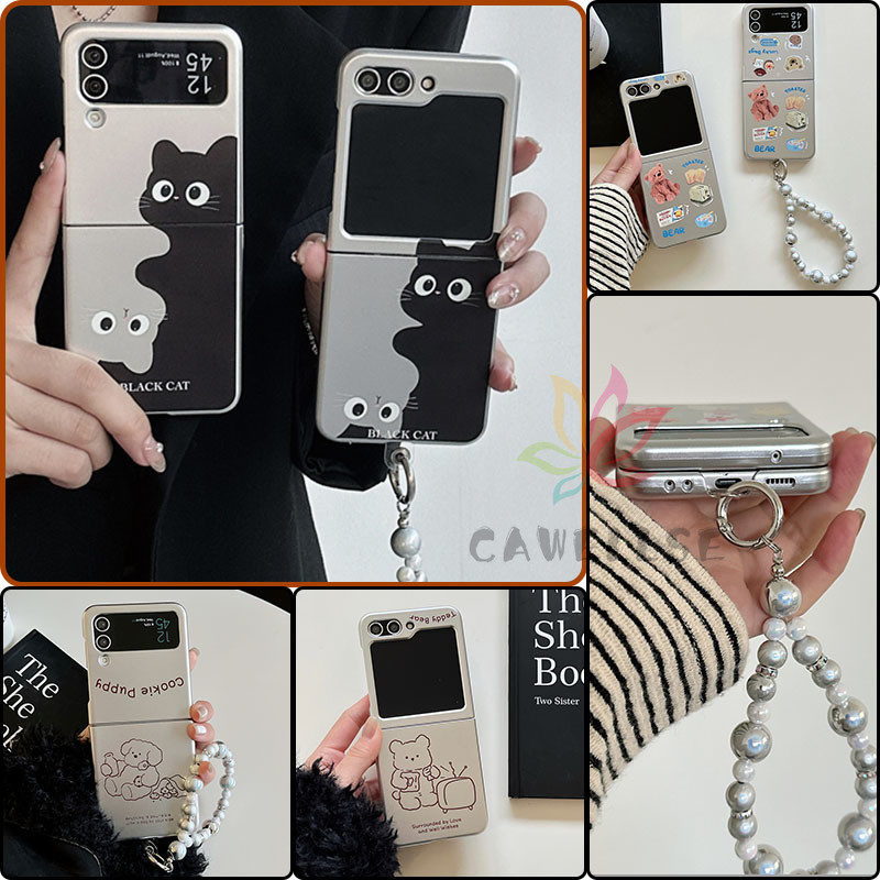 น่ารักการ์ตูนแมวหมี Electroplated เงินเคลือบเงา Hard PC เคสโทรศัพท์ Samsung Galaxy Z Flip 6 Z Flip 5 Z Flip 4 สร้อยข้อมือมุกกันกระแทกฝาหลังกรณี