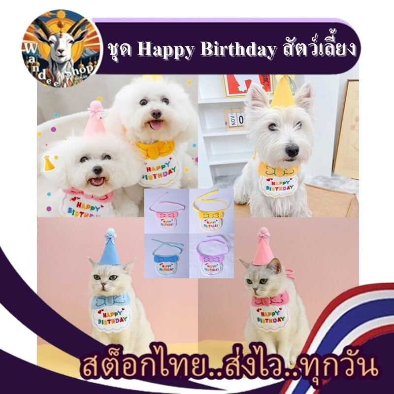 HBD ชุดวันเกิดสัตว์เลี้ยง ครบเซ็ต งานปัก หมวกวันเกิดสัตว์เลี้ยง เซ็ตผ้ากันเปื้อนสุนัข หมา แมว งานสวย