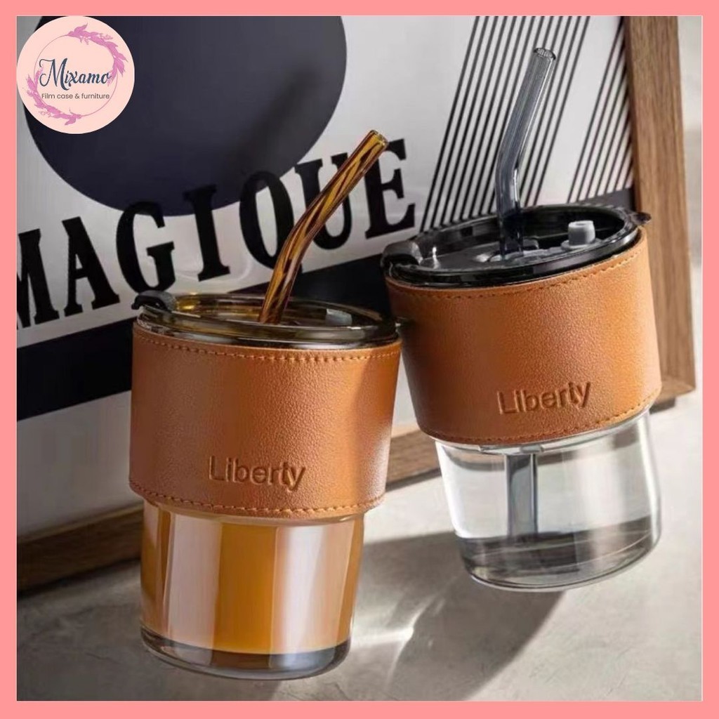 --MXM--แก้วน้ำ 450ml กาแฟ สไตล์มินิมอล พร้อมหลอดแก้ว ฝาปิด ปลอกซิลิโคนกันร้อน #J-0002