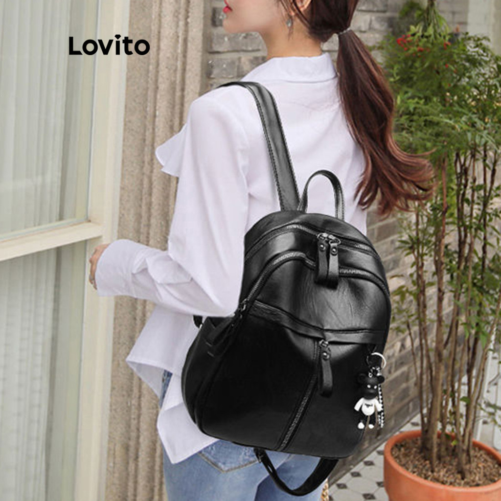 Lovito กระเป๋าเป้สะพายหลัง ลำลอง ความจุสูง สีพื้น มีซิป สำหรับผู้หญิง LNA09180 (สีดำ)