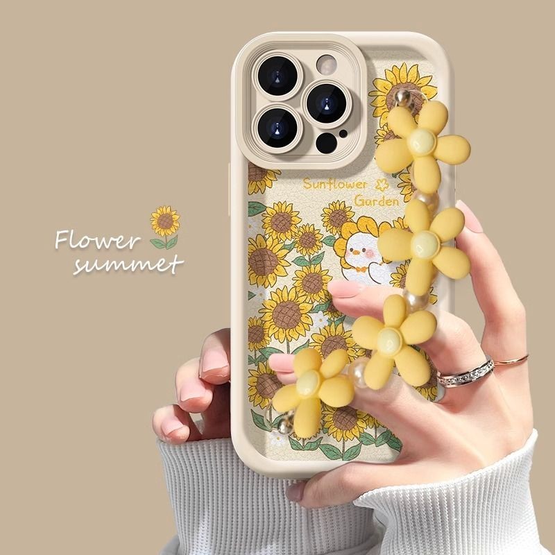 เคสโทรศัพท์มือถือ กันกระแทก ลายดอกทานตะวัน สีเหลือง พร้อมสายคล้องมือ สําหรับ IPhone 11 1213 Pro MAX X XR XS MAX SE Apple 7 Plus 8 Plus IPhone 14 15 Pro