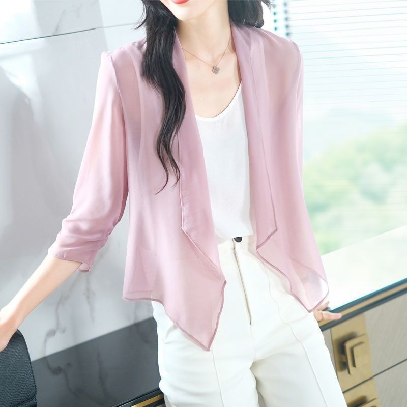 เสื้อแจ็กเก็ตคาร์ดิแกน ผ้าชีฟอง แบบบาง ทรงหลวม สไตล์ตะวันตก สําหรับผู้หญิง 2024