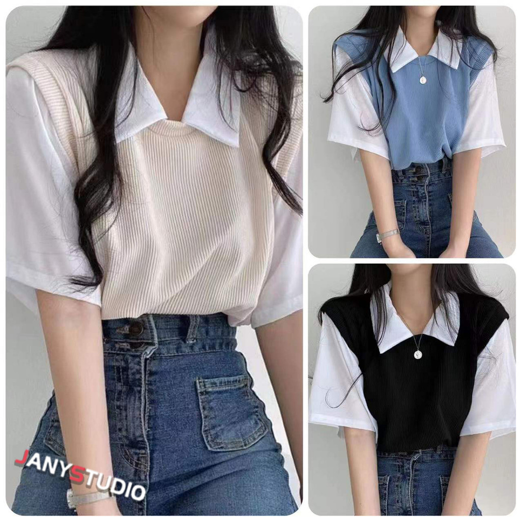 เสื้อยืดโปโล คอปก สไตล์เกาหลี สีทูโทนน่ารักๆ
