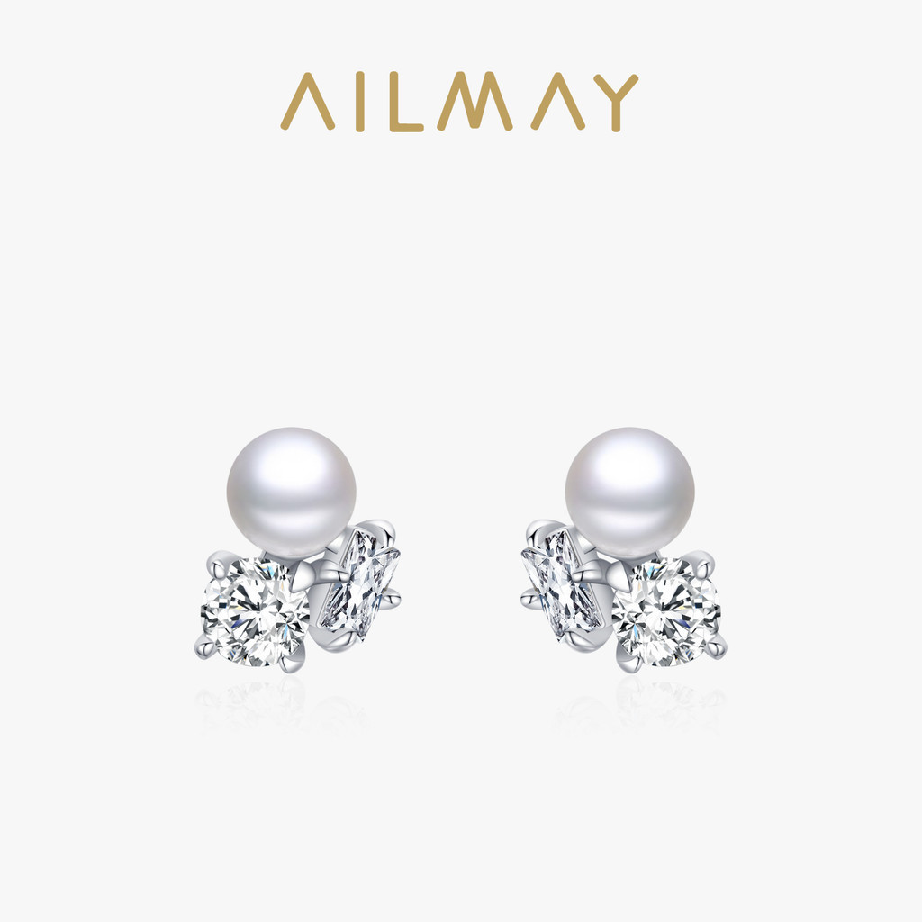 Ailmay 925 เงินสเตอร์ลิง Zirconia ต่างหูสตั๊ดมุกทรงกลมสําหรับผู้หญิงเครื่องประดับ