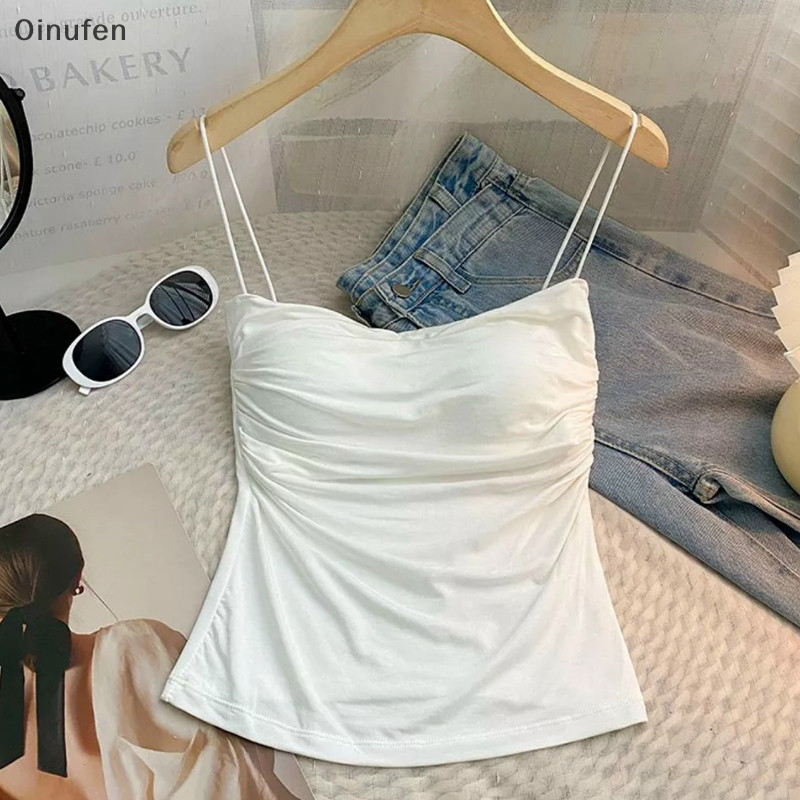 Onu เสื้อสายเดี่ยว สายสปาเก็ตตี้ จับจีบ สีพื้น พร้อมแผ่นรองหน้าอก แฟชั่นฤดูร้อน สําหรับผู้หญิง FEI