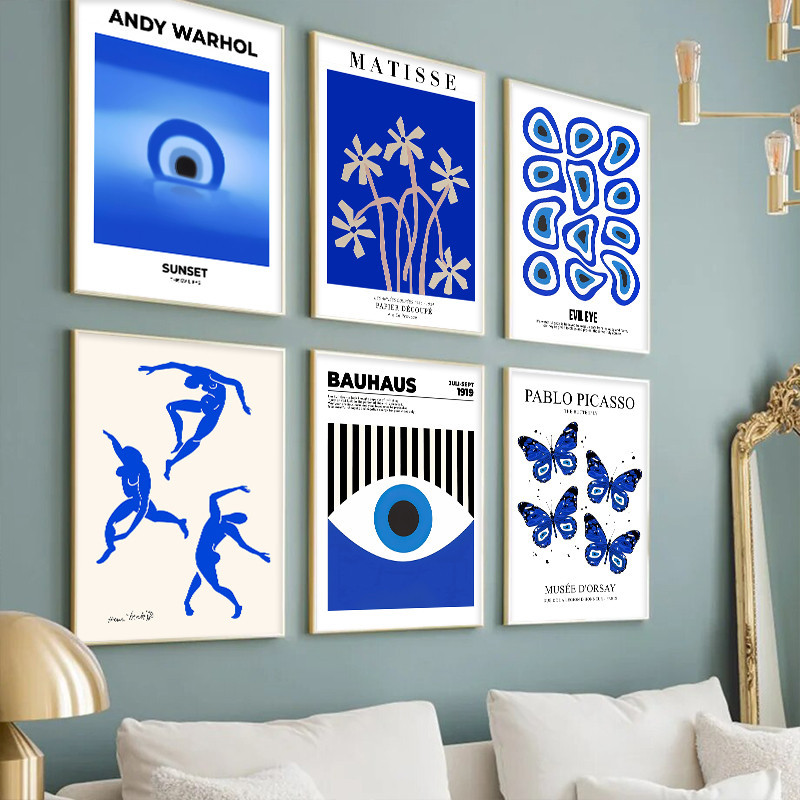 Blue Bauhaus Matisse โปสเตอร์ Andy Warhol ผีเสื้อพฤกษศาสตร์ Wall Art ภาพวาดผ้าใบและภาพพิมพ์ภาพสําหรับห้องนั่งเล่นตกแต่ง