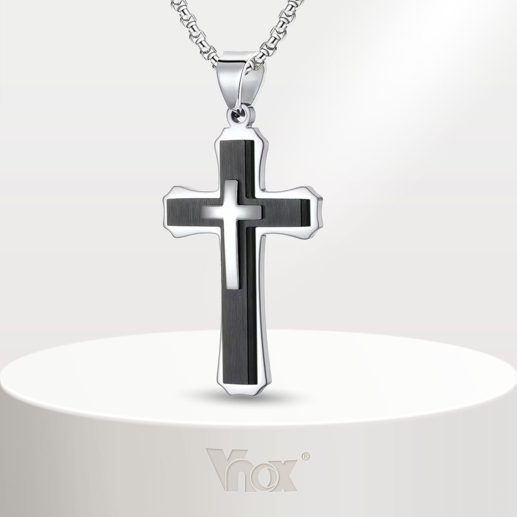 Vnox สร้อยคอ จี้ไม้กางเขน สามชั้น สไตล์วินเทจ พร้อมกล่อง เครื่องประดับ ของขวัญ ความเชื่อทางศาสนาคริสต์ สําหรับผู้ชาย