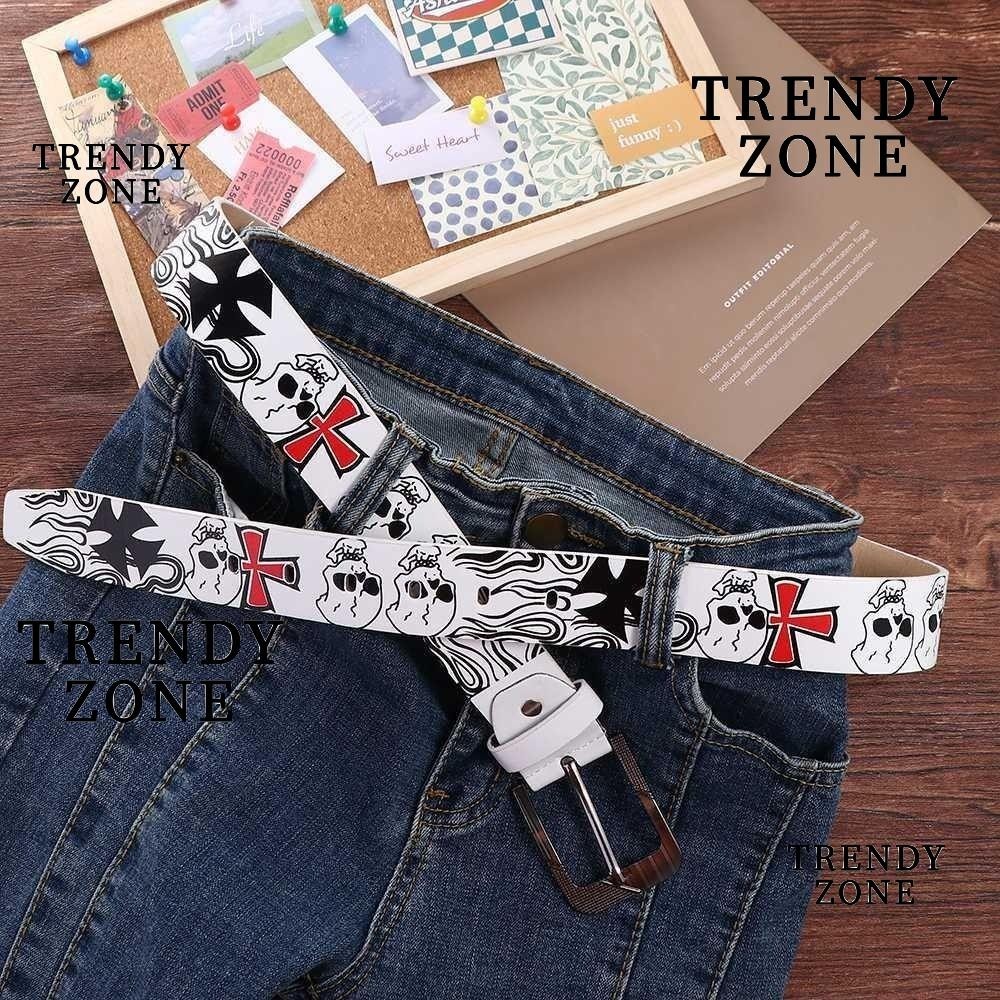 Trendyzone เข็มขัดหนัง Pu พิมพ์ลายหัวกะโหลก สไตล์พังก์