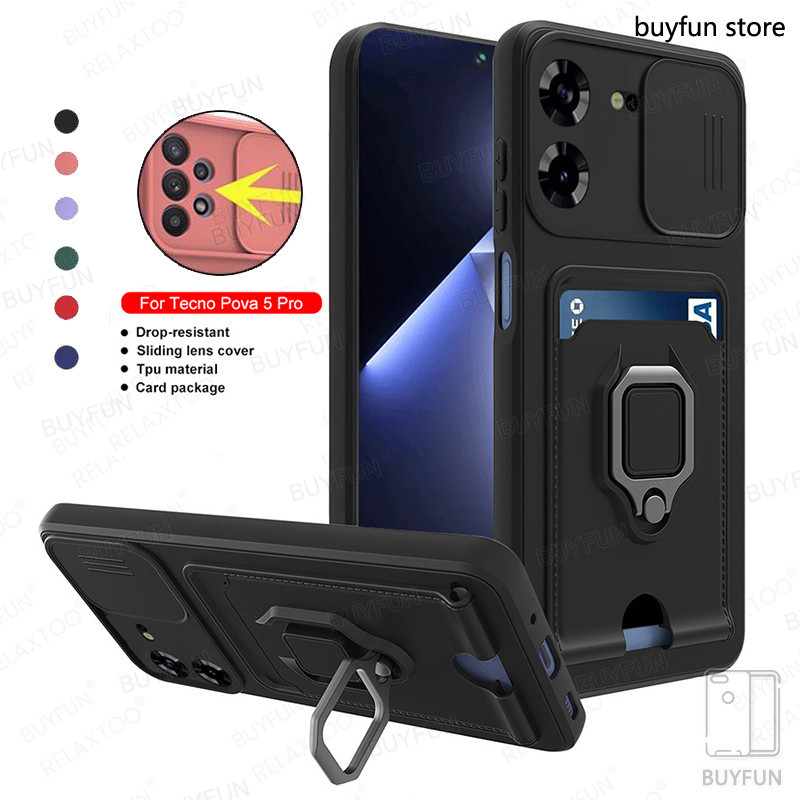 Slot Card Cover For Tecno Pova 5 Pro Pova5 Camera Lens Protect Slide Window Shockproof Armor Card Pocket Holder Case