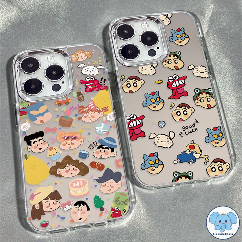 คู่รัก Graffiti Crayon Shinshin น่ารักหรูหราชุบโลหะเลนส์กล่อง iPhone 7 8 Plus 11 12 13 15 XR 14 Pro Max X XS Max SE
