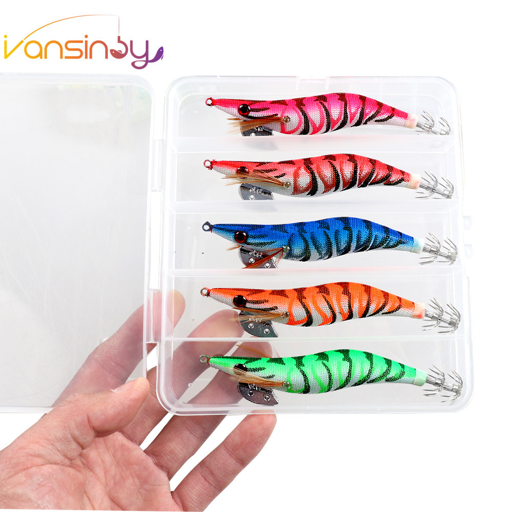 เหยื่อตกปลาหมึก แบบแข็ง เรืองแสงในที่มืด รูปกุ้ง ปลาหมึก สําหรับตกปลาหมึก 5 ชิ้น