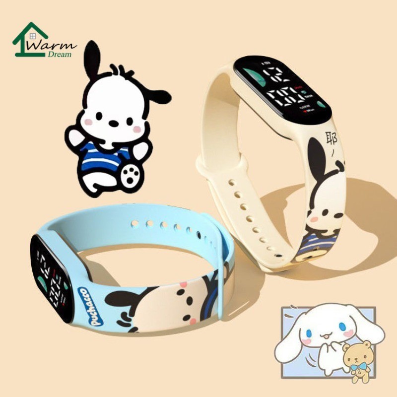 SANRIO Pochacco Kuromi นาฬิกาข้อมืออิเล็กทรอนิกส์ มีไฟ LED สายซิลิโคน กันน้ํา สําหรับเด็ก