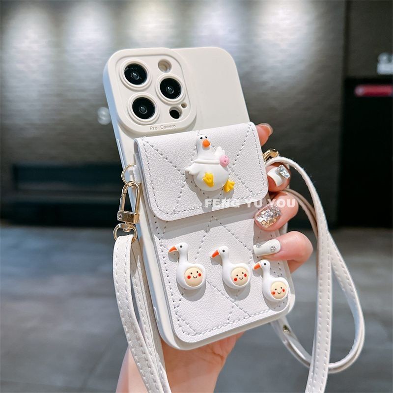 เคสโทรศัพท์มือถือ ลายเป็ด สีขาว พร้อมกระเป๋าเล็ก สําหรับ IPhone 11 12 Pro Max X XR XS Max SE 7 8 Plus IPhone 13 14 15 Pro Max