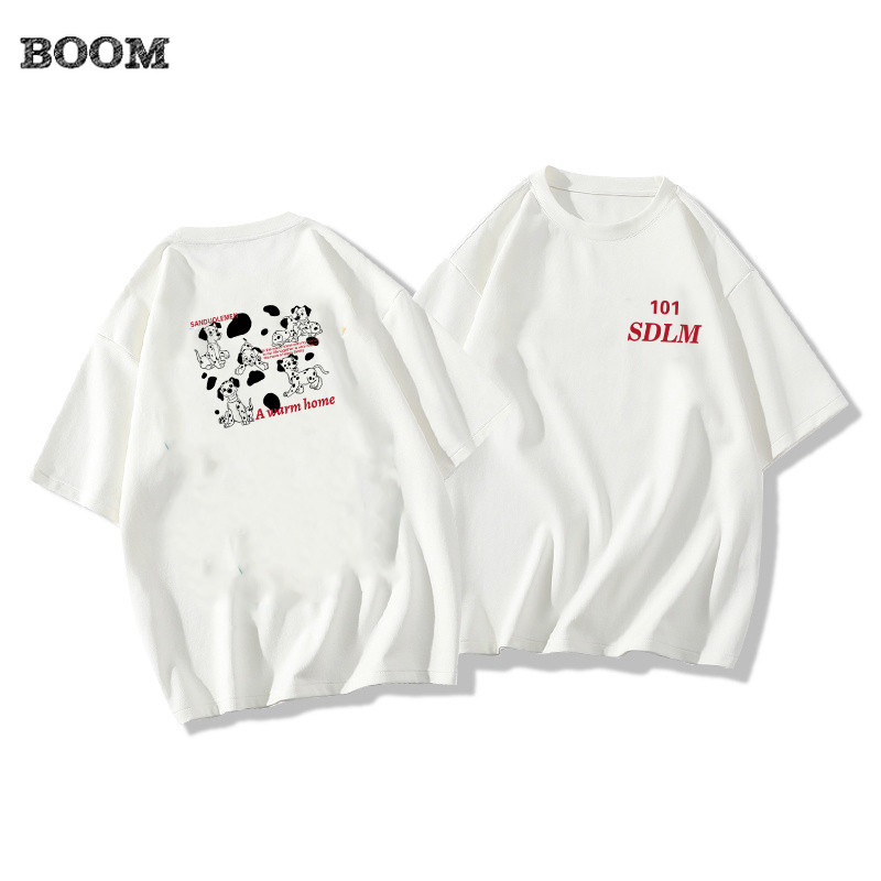 BOOM SHOP เสื้อยืดแขนสั้นผ้าฝ้ายแท้สำหรับผู้หญิงฤดูร้อนใหม่ Dalmatian พิมพ์ครึ่งแขนหลวมสีขาวน่ารักด้านบนสำหรับผู้หญิง