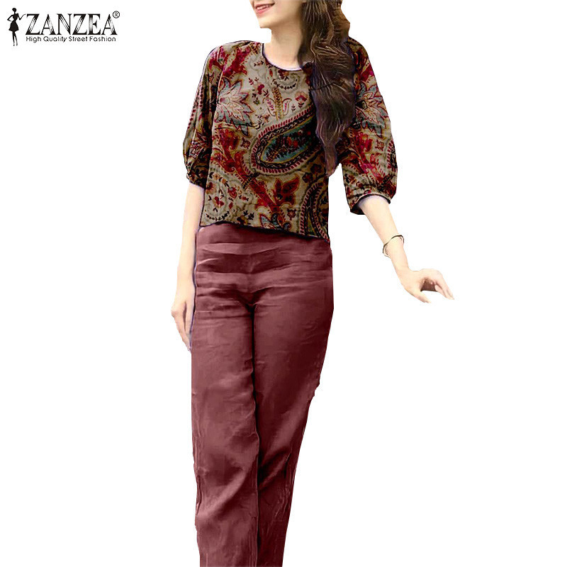 Zanzea เสื้อท็อป คอกลม แขนทรงโคมไฟ เอวยางยืด พิมพ์ลาย สไตล์เกาหลี สําหรับผู้หญิง