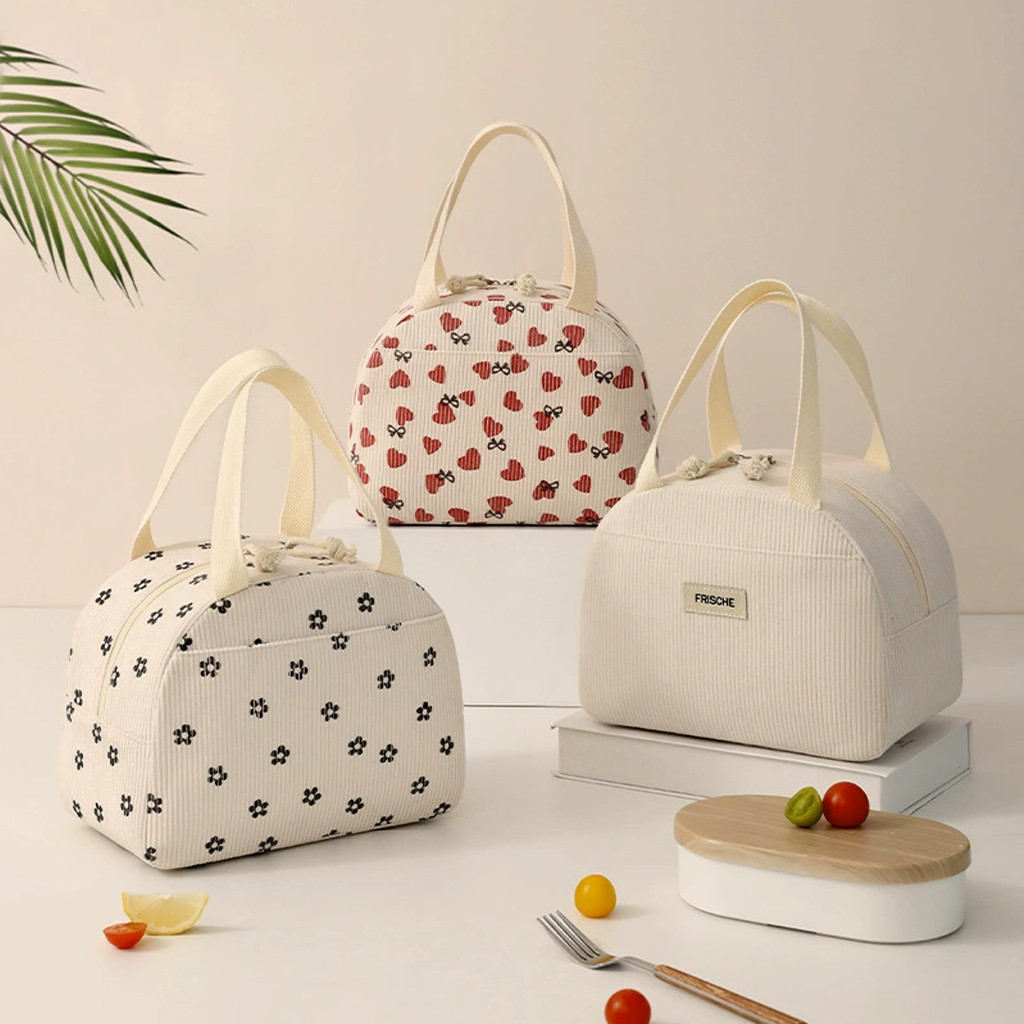 Nokr Corduroy Lunch Bag for Women Men Cute Lunch Tote Bags Reusable Insulated Cooler for Work/ปิคนิค/Travel