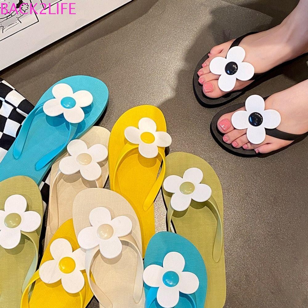 Back2life Flower Flip Flops, Flower Anti Slip Flat Soled รองเท้าแตะ, Basic Clip Toe PVC Summer Platf