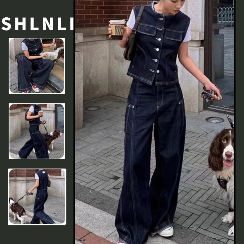 2ชิ้น/เซ็ตฤดูใบไม้ผลิฤดูร้อนผู้หญิงย้อนยุคถนนสไตล์คาวบอยเสื้อกั๊ก+กางเกงยีนส์ขากว้างเอวสูง