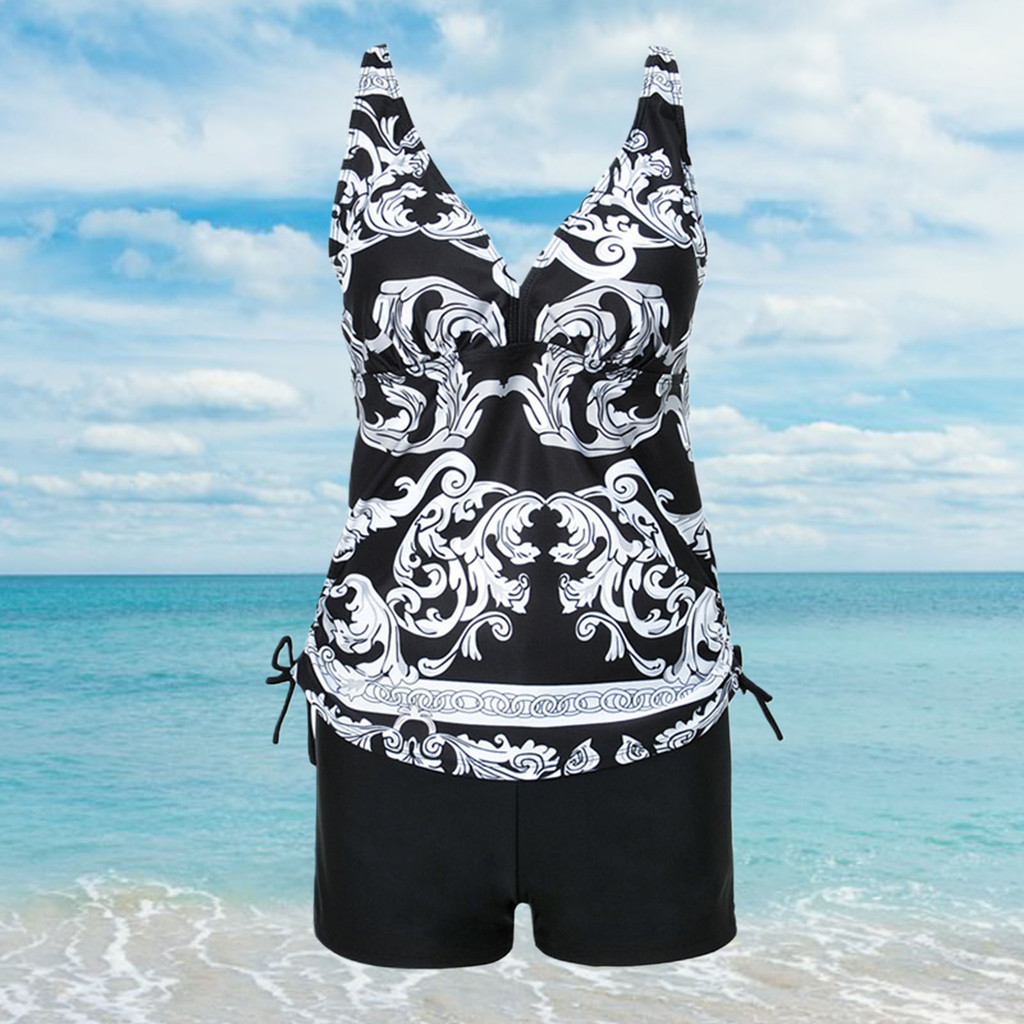 VCF ผู้หญิงชุดว่ายน้ํา V คอด้านข้าง Drawstring เอวสูง Vintage พิมพ์ Top Tummy Control Boyshorts ชุดส