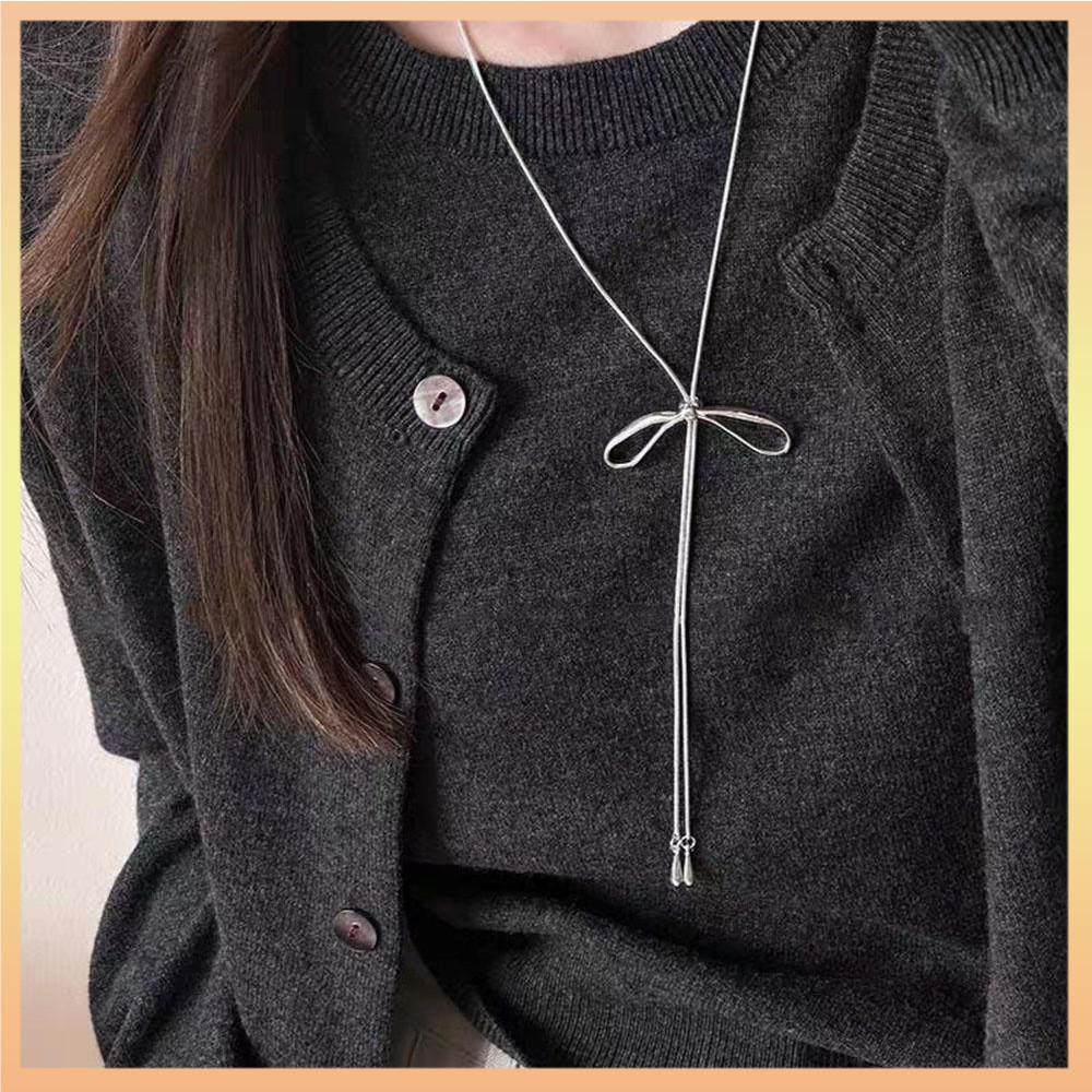 แฟชั่น Drawstring Bow สร้อยคอเงินสี Bowknot ยาว Collarbone Chain สร้อยคอผู้หญิงเสื้อกันหนาวเครื่องประดับสําหรับสาว