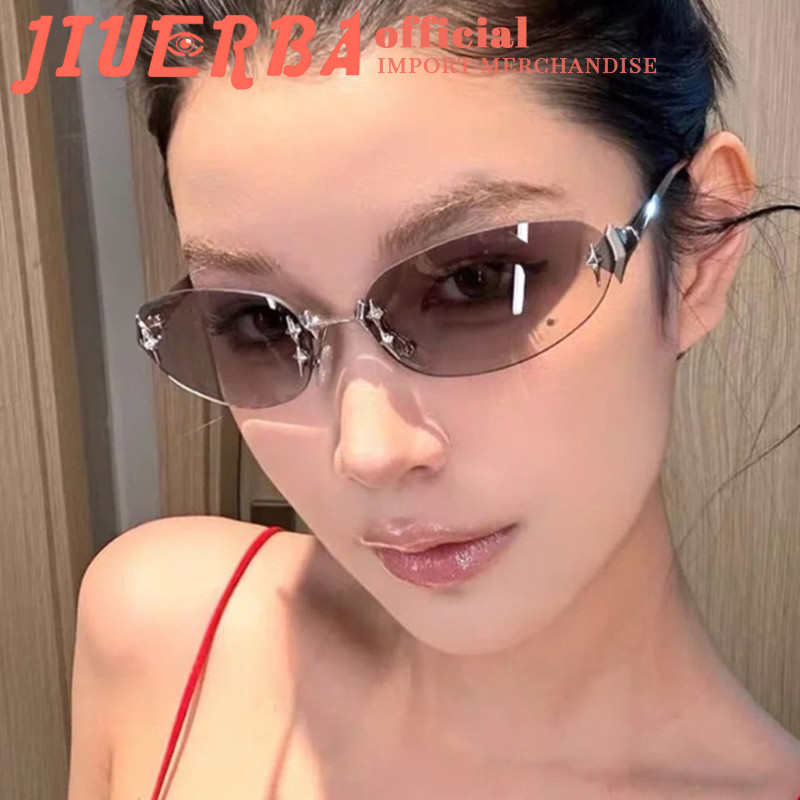 JIUERBA จิวเออร์บา แว่นตากันแดดทรงดาวไร้ขอบแฟชั่นแว่นตากันแดดผู้หญิงรูปไข่แว่นตากันรังสีคอมพิวเตอร์