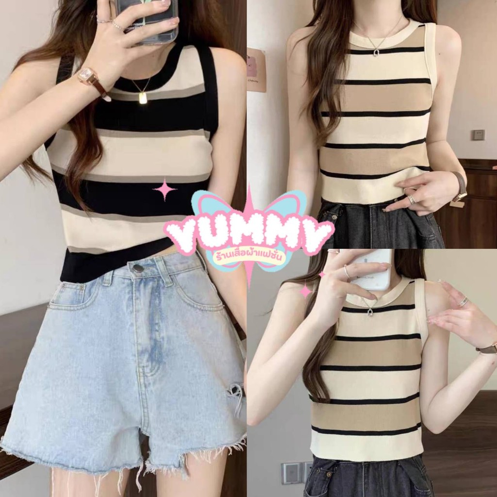 🎀Yummy Shop🎀พร้อมส่ง  (Y6611) เสื้อกล้ามครอปไหมพรม คอกลม คาวาอี้ ดีเทลลายทาง ยืดพอดีตัว