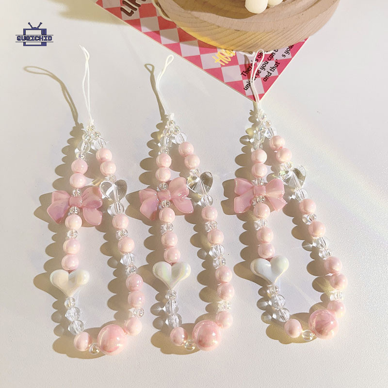 สายคล้องโทรศัพท์ ห่วงโซ่โทรศัพท์สดโบว์สีชมพูลูกปัดโทรศัพท์โซ่สาวหัวใจโทรศัพท์กรณีเชือกเส้นเล็ก