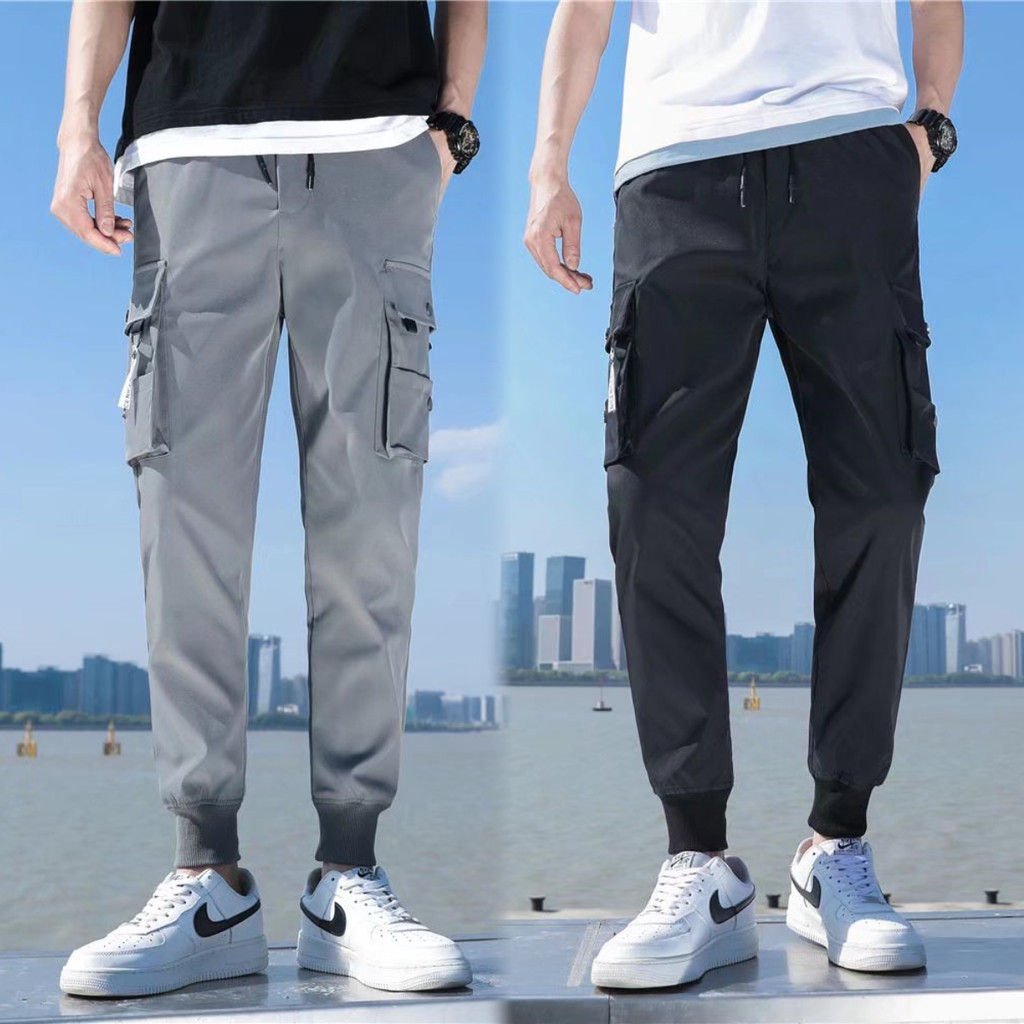 S-5xl ฤดูร้อนผู้ชายหลายกระเป๋าบาง Cargo Tactical กางเกงเอวยางยืดสบายๆกีฬา Jogger สีดําสีเทา