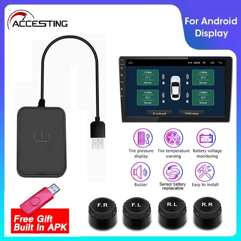 ฟรี Usbusb Android Tpms รถความดันยางนาฬิกาปลุกระบบสําหรับรถยนต์เครื่องเล่น Android คําเตือนอุณหภูมิพร้อมเซ็นเซอร์สี่