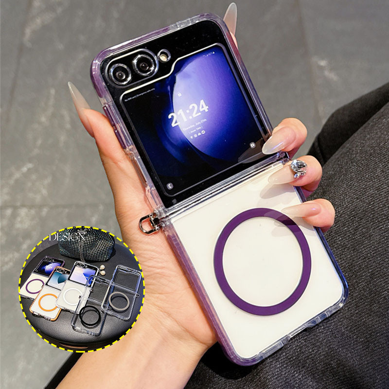 SAMSUNG ใหม่แม่เหล็กคริสตัลใสกรณีพร้อมหัวเข็มขัดลิงค์สําหรับ ซัมซุง กาแลคซี z พลิก 6 พลิก 7 7เฟ z พลิก 5 4/3 กันชนนุ่มฮาร์ดพีซีกันกระแทกปกปลอก