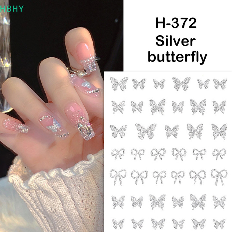 【HB】สติกเกอร์ติดตกแต่งเล็บ รูปโบว์ ดาว สีเงิน【HY】
