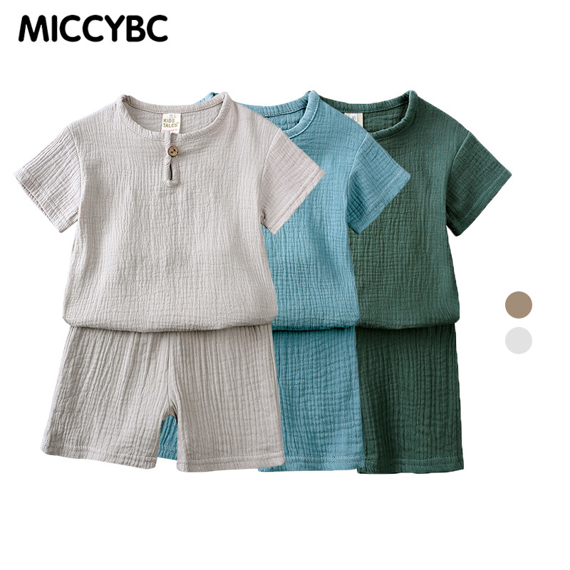 [MICCYBC] 2 ชิ้น ชุดเสื้อยืด แขนสั้น กางเกงขาสั้น ผ้าฝ้าย และผ้าลินิน แบบบาง สําหรับเด็กผู้ชาย และเด็กผู้หญิง 2-8Y