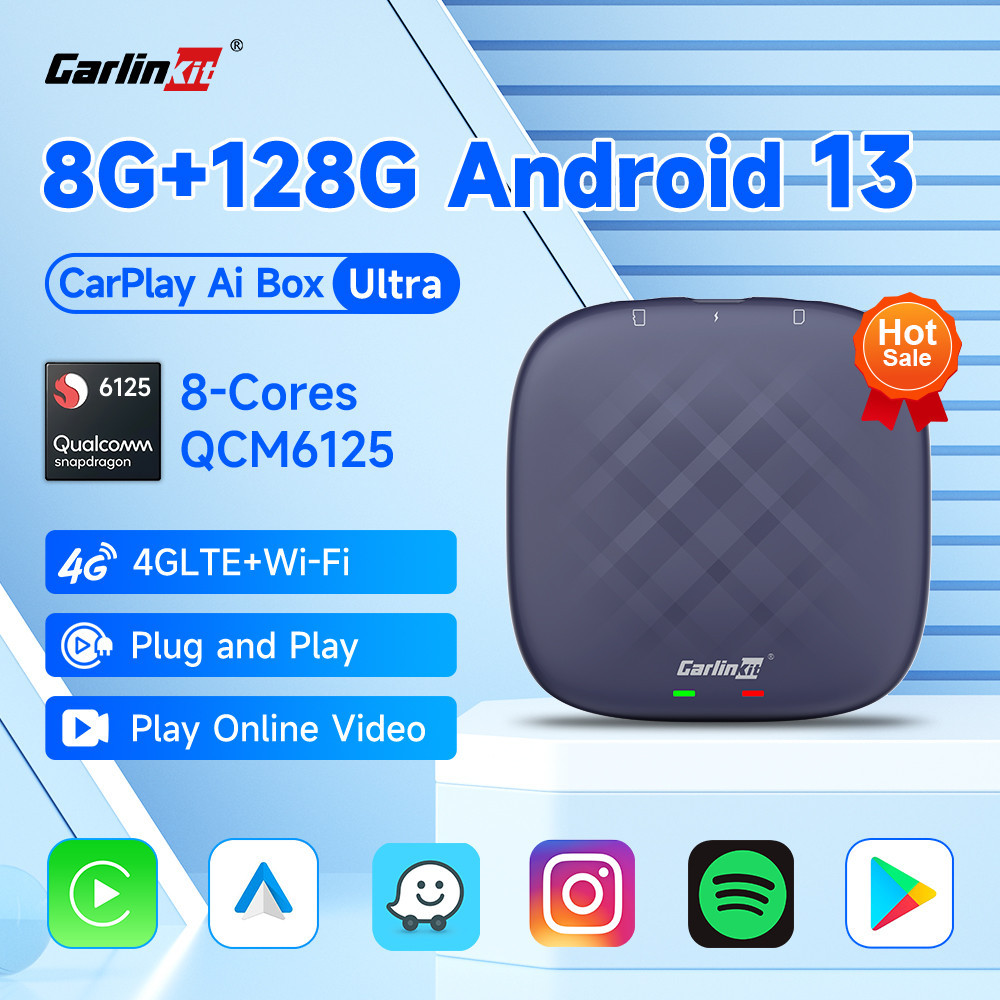 Carlinkit กล่องทีวีไร้สาย 8G+128G Android 13 CarPlay TV AI Box Ultra QCM6125 8-Cores และ GPS อัตโนมัติ สําหรับ YouTube Netflix IPTV