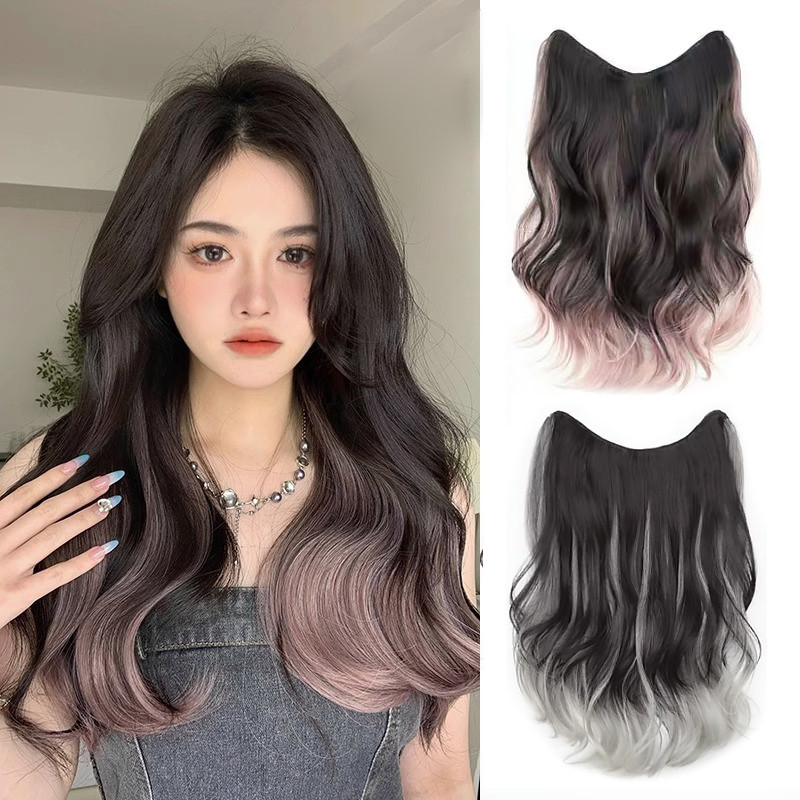 แฮร์พีชผมลอน วิกผม ลอนไฮไลท์ ยาว40cm สีชมพู/เทา ไหมนิ่ม ใส่ง่าย สะดวก