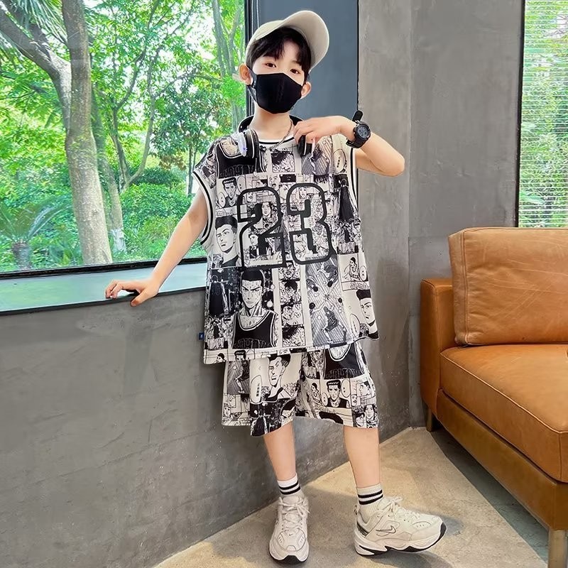 CK🚚 ชุดเด็กผู้ชาย, เสื้อผ้ากีฬาฤดูร้อนแบบแห้งเร็ว, กางเกงขาสั้นเสื้อกั๊กทรงบางสำหรับเด็กผู้ชาย, ชุ