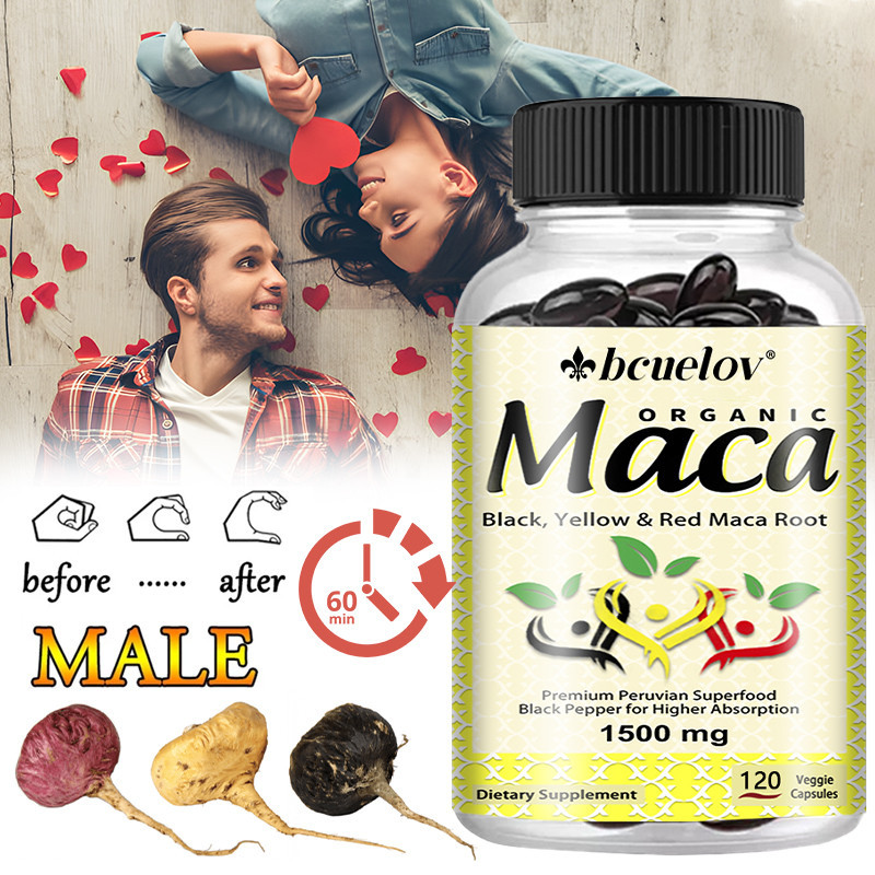 Bcuelov Organic Maca Root Powder Capsules 1500 mg with Black + Red + Yellow Peruvian Maca Root Extract Supplement for Men and Women