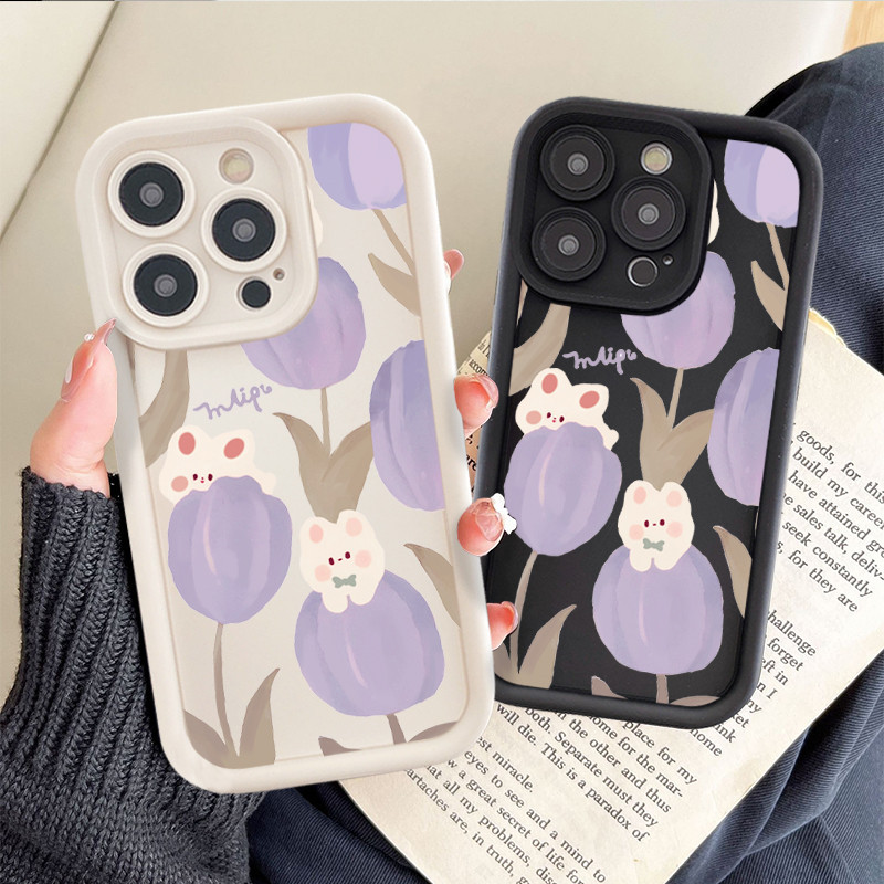 เคสโทรศัพท์มือถือ ซิลิโคน กันกระแทก ลายกระต่าย ดอกทิวลิปน่ารัก สีม่วง สําหรับ Samsung Galaxy A02 A02S A03 Core A04S A04E A05 A05S A10 A10S A11 A12 A13 A14 M02 M04 M10 M11