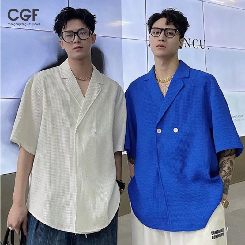 Chaogongfang เสื้อเชิ้ตลําลอง คอปก ทรงหลวม ลายวาฟเฟิล แฟชั่นฤดูร้อน