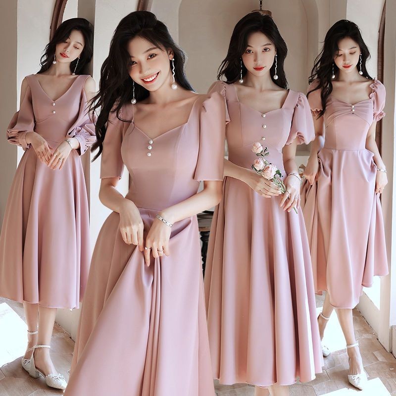 ชุดราตรี ความยาวปานกลาง สีชมพู สําหรับเพื่อนเจ้าสาว งานแต่งงาน
