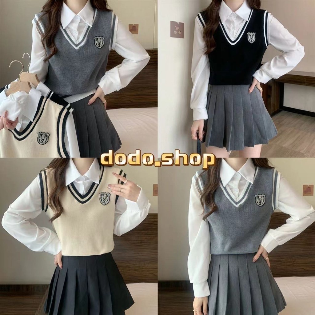 DODO*พร้อมส่ง*เสื้อนักเรียนเกาหลี ผ้าไหมพรมดีเทล2ชั้นเย็บติดกันปักอกสีพื้นสวมใส่สบายผ้านุ่มมาก(7296)