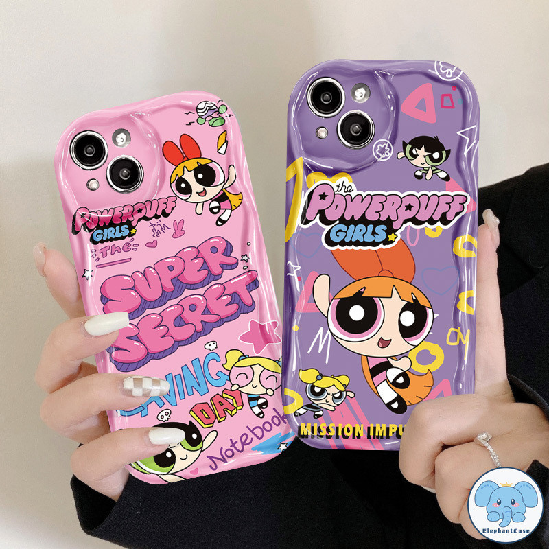 การ์ตูนหวานน่ารักพลังพัฟสาวภาษาอังกฤษ 3D คลื่นโค้งขอบกรณี iPhone 11 15 7Plus 13 XR 12 14 Pro Max XS Max X 7 8 Plus