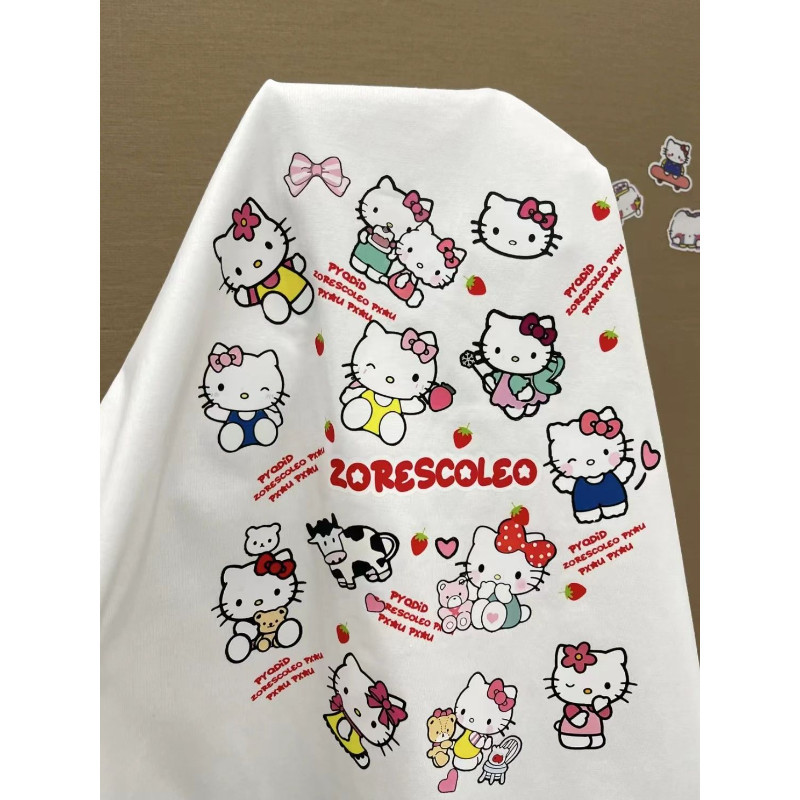 【Polyester】เสื้อยืดคอกลม แขนสั้น พิมพ์ลายการ์ตูนคิตตี้ น่ารัก ทรงหลวม เหมาะกับฤดูร้อน สําหรับผู้หญิง นักเรียน