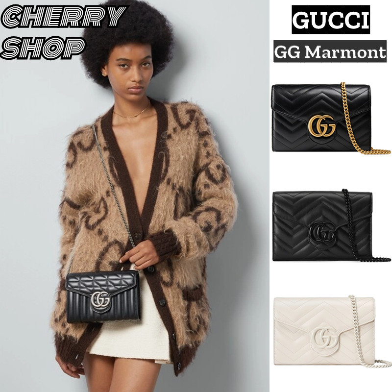 ราคาดีที่สุดของแท้ 100%กุชชี่ Gucci GG Marmont Mini Chain Handbaของผู้หญิง กระเป๋าสายโซ่/สะพายข้าง