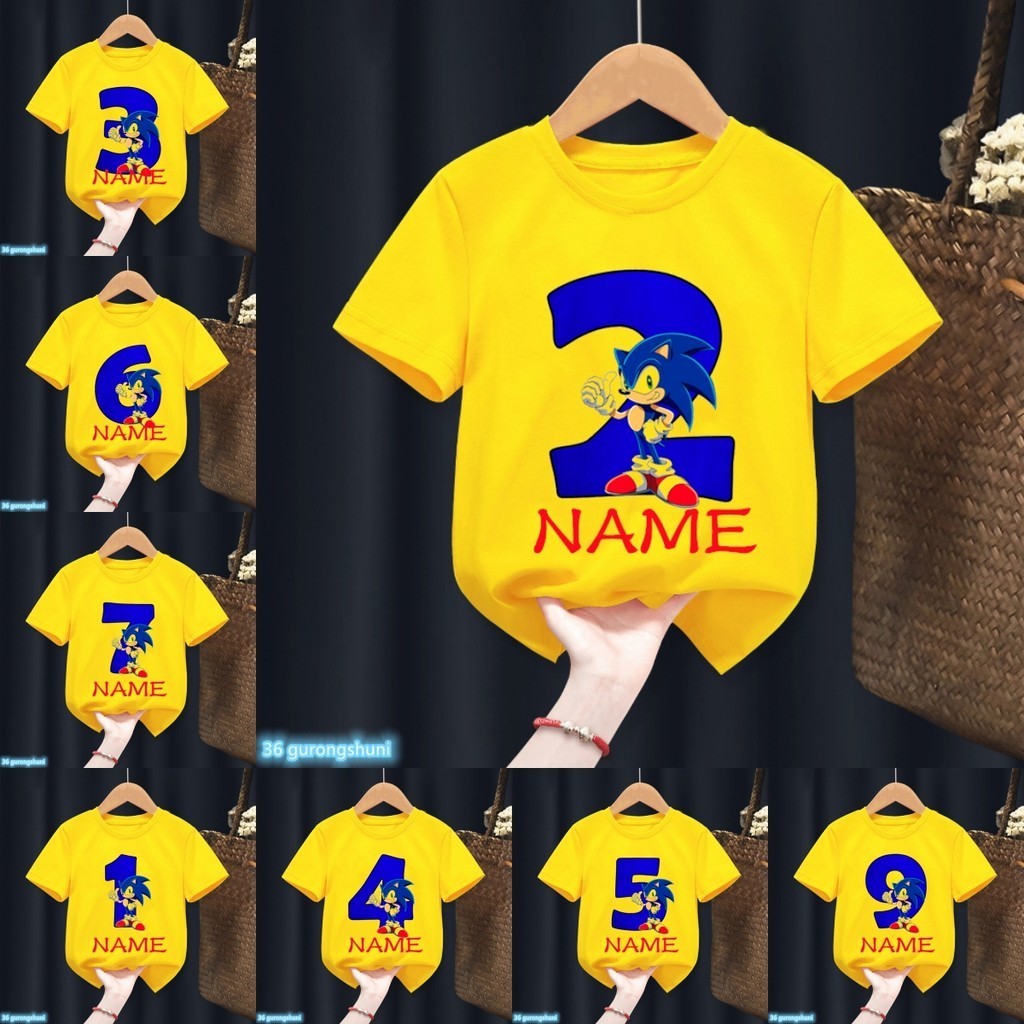 เสื้อยืดแขนสั้น พิมพ์ลายการ์ตูน Your Name Sonic Number 1-9th Sonic The Hedgehog สีเหลือง สําหรับเด็กผู้ชาย ผู้หญิง ให้เป็นของขวัญวันเกิด
